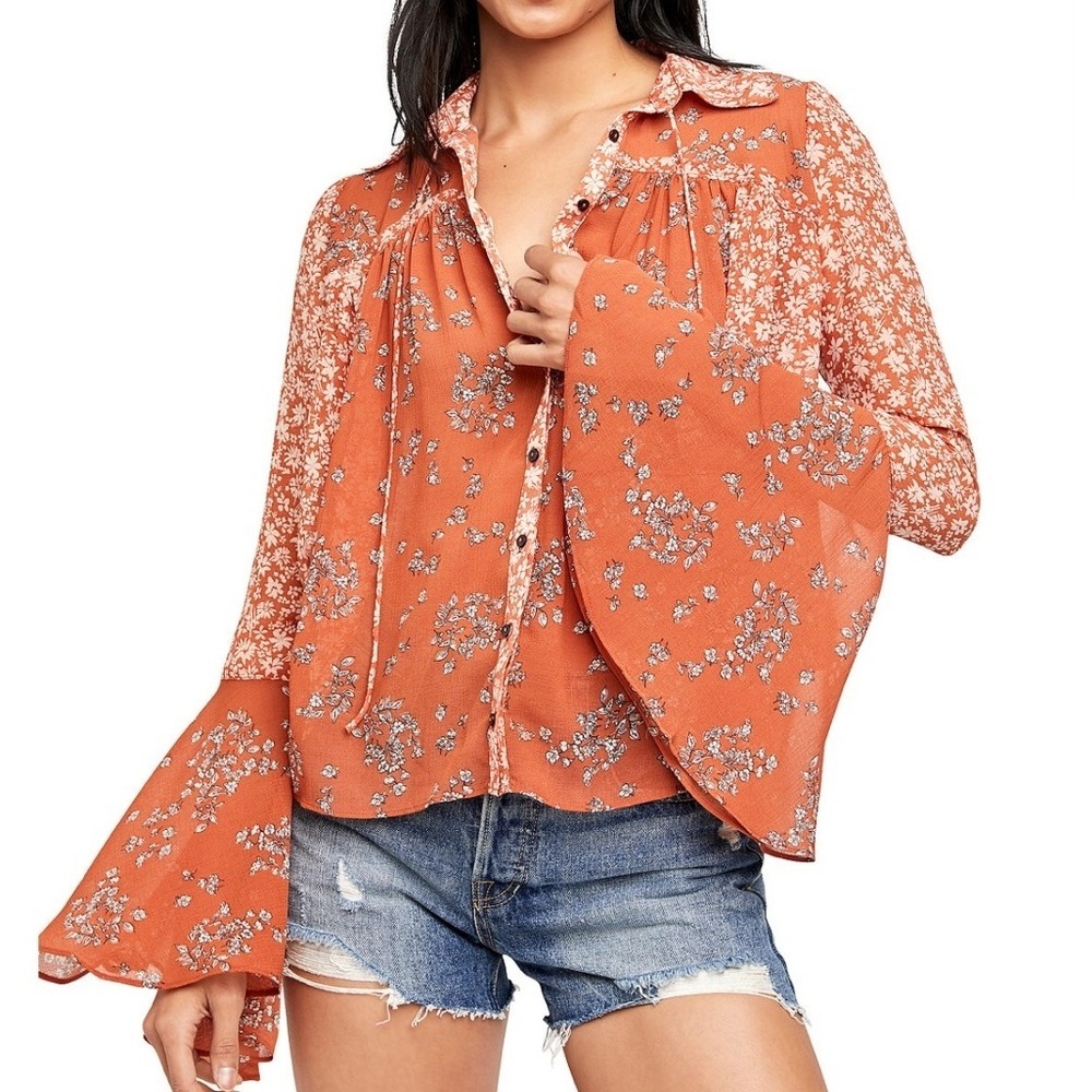 Free People women XS Serena printed blouse bell sleeve semi-sheer cottagecore